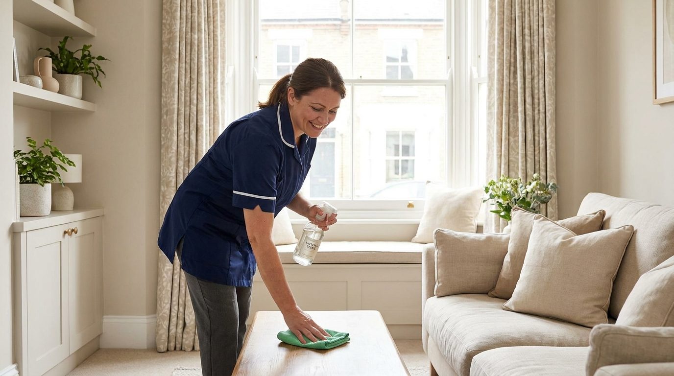 Cleaner wiping a coffee table in a bright, tidy Hertford living room