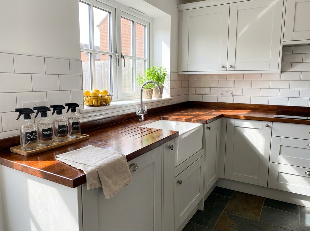 Spotless Hertford kitchen with eco-friendly cleaning products on the worktop
